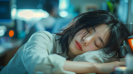 In a serene moment, a young Asian woman rests amidst her cluttered work desk, peacefully sleeping, embodying both dedication and a temporary escape from the demands of corporate success.