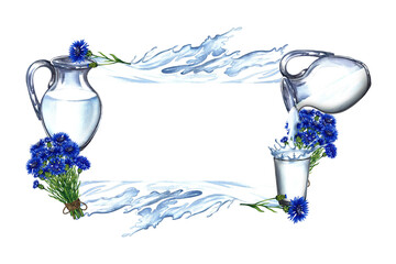 Frame with dairy products. Glass decanter and milk glass, decorated with cornflowers and a splash of milk. A hand-drawn watercolor illustration. For advertising banners, labels of dairy products.