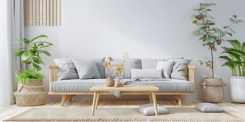 simple living room interior with a wooden sofa and table on  white wall background , 