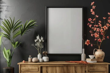 empty  black frame mockup on the wall of an apartment, a wooden sideboard with vases containing flowers nearby, against a dark gray background. - obrazy, fototapety, plakaty