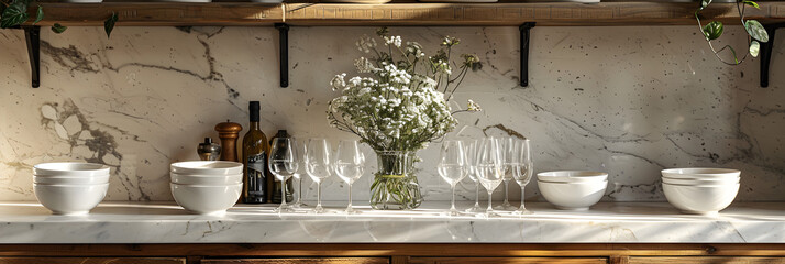 Clean Dishware and Glasses on a White Marble Table,
Different clean dishware and glasses on white marble table in kitchen
