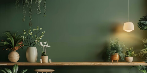olive green wall with a wooden table and hanging light on it, decorated with plants and flower, modern green living room - obrazy, fototapety, plakaty