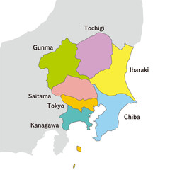 関東地方、関東地方のカラフルな地図、英語の県名入り