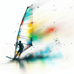 Windsurfing in watercolor paint illustration with Generative AI.
