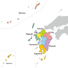 九州・沖縄地方、九州沖縄地方のカラフルな地図、英語の県名入り