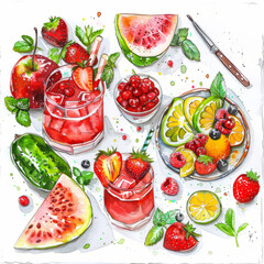 Drawing of summer food vegetable watercolor