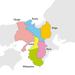 関西地方、関西地方のカラフルな地図、英語の県名入り
