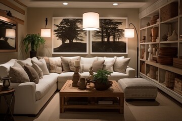Cozy Basement Living Room: Decor and Furniture Inspirations for an Inviting Atmosphere - obrazy, fototapety, plakaty