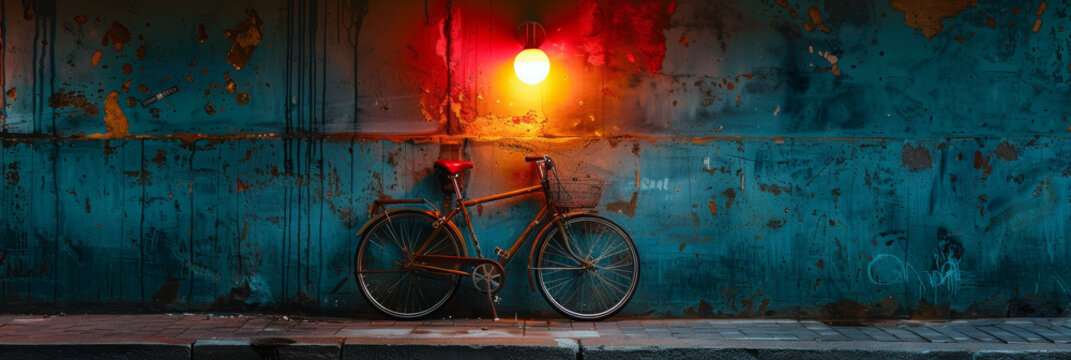 Old vintage bike leaning on rough painted wall under neon lights.