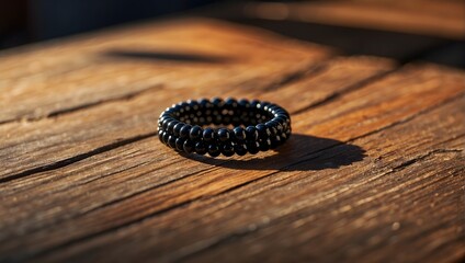 A sleek, black bead ring elegantly resting on a vintage wooden table, illuminated by the soft glow of morning light Generative AI