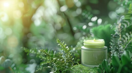 Fototapeta na wymiar Green cosmetics, jar of cosmetic moisturizer cream on nature background. Organic natural ingredients beauty product among green plants. Skin care, beauty and spa product presentation, copy space