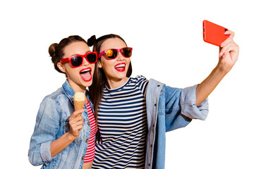 Two glad positive leisure lifestyle dreamy carefree careless lovely cute sweet brunette hair lady...