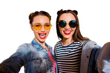 Beautiful attractive gorgeous nice adorable funky funny brunette hair two lady person in casual wear stand isolated on yellow wall in glasses spectacles take picture on cellular make beaming smile