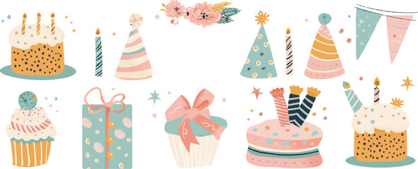 set of cute birthday elements, cake and gifts, flat design illustration with white background