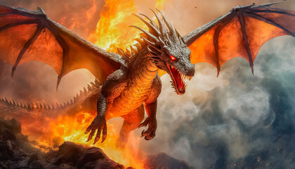 dragon saliendo de un bolcan en llamas - obrazy, fototapety, plakaty
