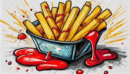 caricatura de patatas fritas con ketchup