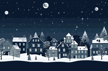 Obraz na płótnie Canvas Christmas Village snowflakes in the night vector art illustration