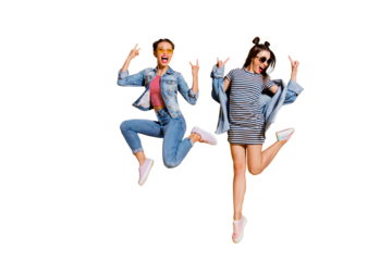 Full legs body size two music lover lady with emotion reaction facial expression wear in glasses spectacles street style stylish trendy casual outfit isolated on yellow wall give heavy metal gesture