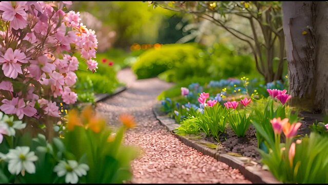 Charming Garden Trail Edged with Flowers and Fresh Green Plants.