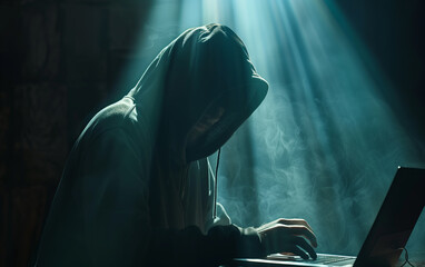 a Hacker with his laptop, hood on head, face in shadow. Sense of fear and danger in the air, a...