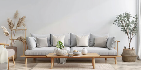 simple living room interior with a wooden sofa and table on  white wall background ,  - obrazy, fototapety, plakaty