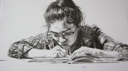 Concentrated young woman with glasses is engrossed in reading, her attention captured entirely by the book before her