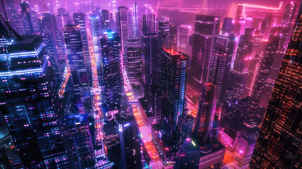 Futuristic city dominated by numerous towering skyscrapers reaching into the sky, showcasing a bustling urban environment with advanced architecture