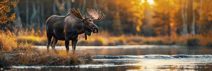 Fototapeta premium Male horned elk moose in summer field near a river on forest at sunset background closeup