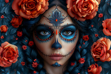 Mexican girl with makeup in the style of a sugar skull, on a background of red roses. Traditional style for Mexican holidays