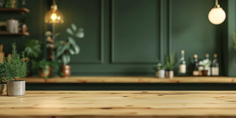 Empty wood table top counter on modern kitchen interior background , empty wooden table in green wall room background ,Banner, Ready for product display