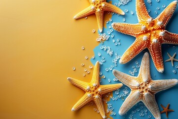 A starfish lies on the sandy coast of a tropical beach, wallpaper.