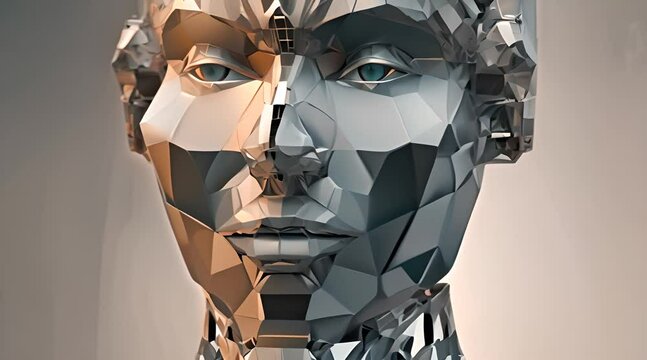 Abstract 3d animation polygonal human face 3d render cyborg head construction artificial intelligence concept video with alpha matte