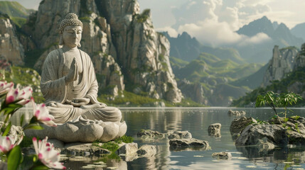 A Buddha statue sits serenely atop a body of water, reflecting its serene visage. The tranquil scene brings a sense of calm and peace