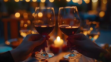 Two hands hold glasses of red wine in a toast against the backdrop of a warm and inviting restaurant atmosphere, softly illuminated by soft lights. - obrazy, fototapety, plakaty