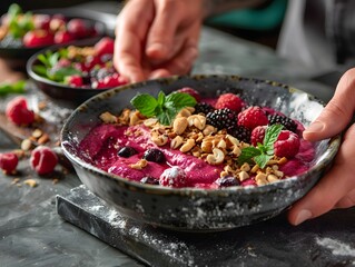 Being served on a rustic table are colorful acai berry smoothie bowls topped with assorted fresh berries and chopped nuts, all by hand.