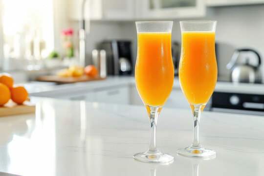 Start your day with a refreshing breakfast of appetizing sweet orange juice and two drinking glasses on a white kitchen table. Healthy light meals for breakfast, enhanced with AI generative.
