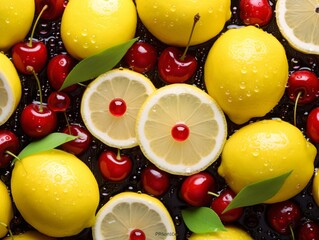 a group of lemons and cherries - obrazy, fototapety, plakaty