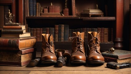 A pair of vintage leather boots placed on an old wooden floor, surrounded by aged books and antique objects in a cozy library setting.