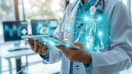 Fotobehang Healthcare professional is using a tablet that displays a holographic projection of a human anatomy model, showcasing various internal systems. © sania