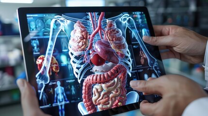 Healthcare professional is using a tablet that displays a holographic projection of a human anatomy model, showcasing various internal systems. - obrazy, fototapety, plakaty