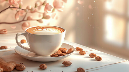 Cup of coffee with creamy almond milk base. AI generative. - obrazy, fototapety, plakaty
