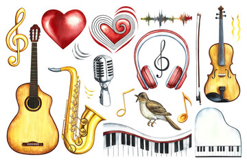 A set of musical instruments, guitar, saxophone, violin and piano. Clip art headphones, microphone, treble clef and nightingale. A hand-drawn watercolor illustration. For posters, flyers, invitations.