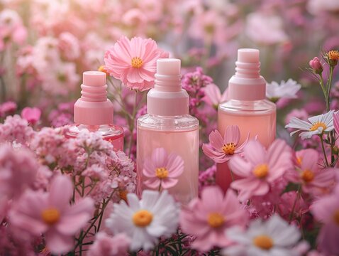 flowers and plants on pink background, natural cosmetics concept