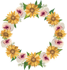 Fototapeta na wymiar Sunflower wreath illustration on transparent background.