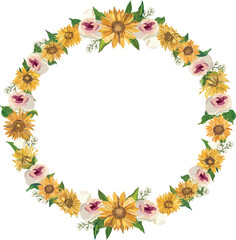 Sunflower wreath illustration on transparent background.
