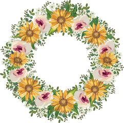 Sunflower wreath illustration on transparent background.
