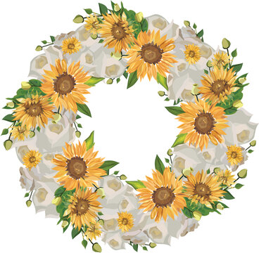 Sunflower wreath illustration on transparent background.
