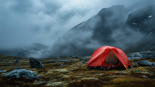 Adventure in misty arctic mountains, red tent stands surreal. AI generative wonder.