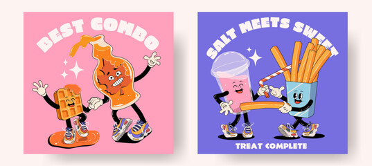 Set of fast food retro posters or cards with walking funny cute comic characters 60s-70s. Lettering illustration for t-shirt print. Mascots for restaurant. Waffles maple syrup, milk shake and fries 