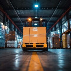 Experience the intricacies of warehouse logistics with a closeup view of a forklift lifting cargo. AI generative technology adds realism.